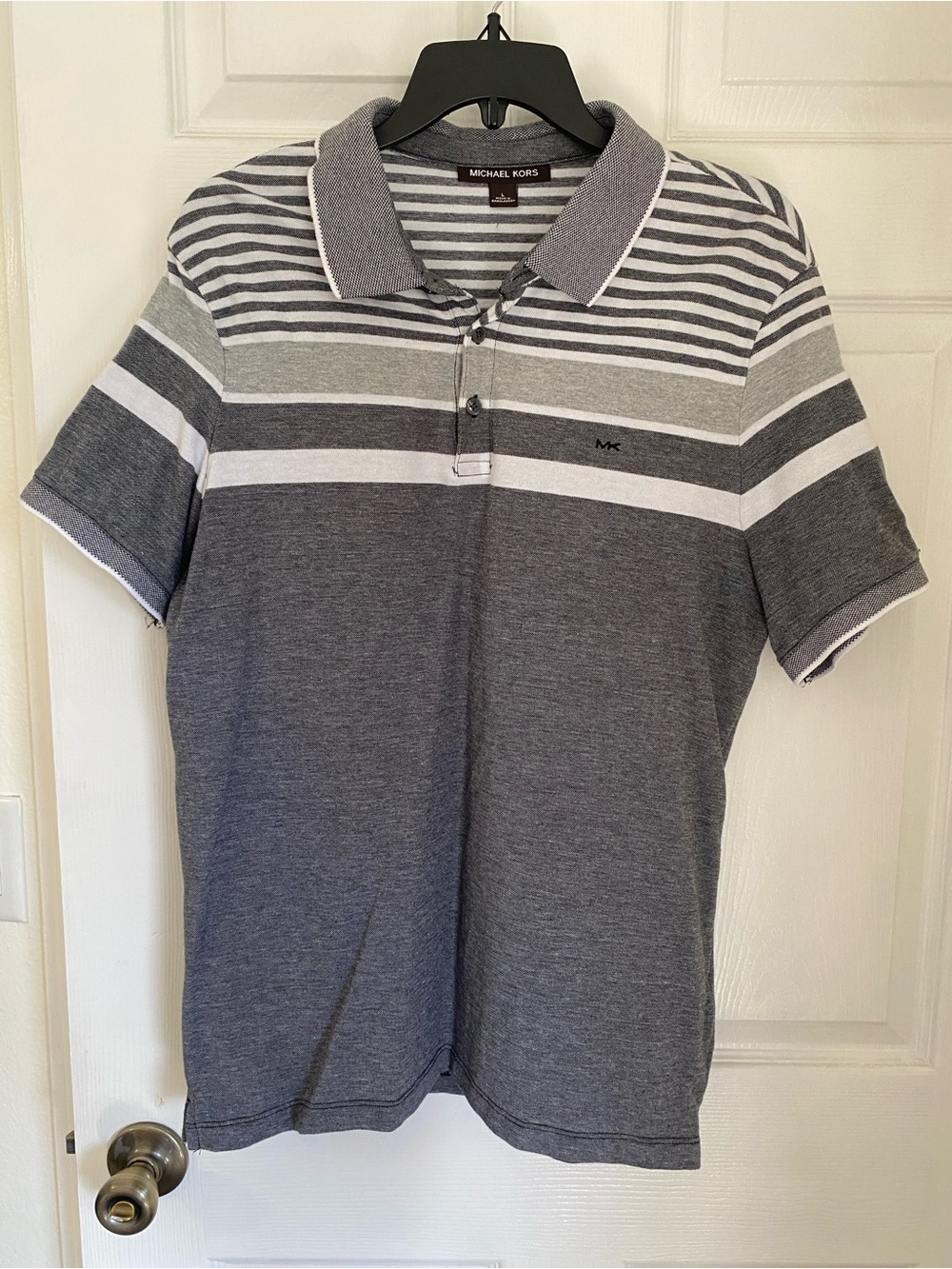 Michael Kors Men’s Gray and White Striped Polo in Large